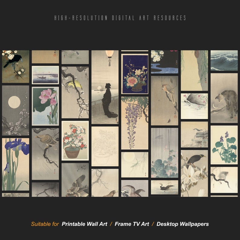 May include: A collection of 25 digital art prints featuring Japanese-inspired designs. The prints showcase various themes, including nature, animals, and traditional Japanese art. The prints are suitable for use as printable wall art, frame TV art, or desktop wallpapers.