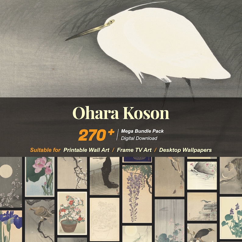 May include: A digital download pack of over 270 Japanese art prints by Ohara Koson. The pack includes a variety of subjects, including birds, flowers, and landscapes. The prints are suitable for use as printable wall art, frame TV art, or desktop wallpapers.
