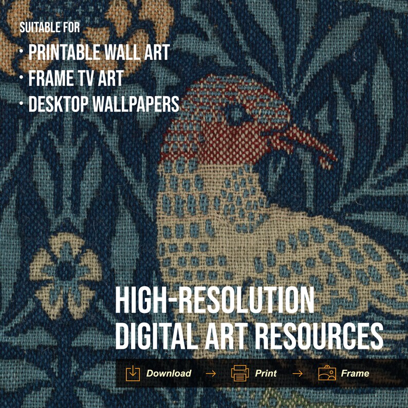 May include: A digital art resource featuring a high-resolution image of a bird and floral pattern in a tapestry style. The image is suitable for printing as wall art, framing for TV art, or using as desktop wallpaper. Download, print, and frame options are shown.