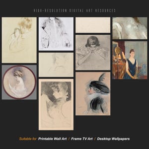 May include: A collection of nine vintage illustrations featuring women in various poses. The illustrations are in black and white and sepia tones and are drawn in a realistic style. The illustrations are suitable for use as printable wall art, frame TV art, or desktop wallpapers.