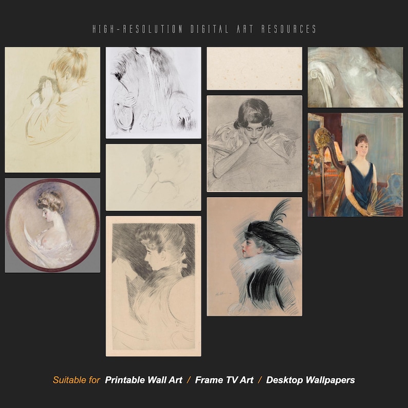 May include: A collection of nine vintage illustrations featuring women in various poses. The illustrations are in black and white and sepia tones and are drawn in a realistic style. The illustrations are suitable for use as printable wall art, frame TV art, or desktop wallpapers.