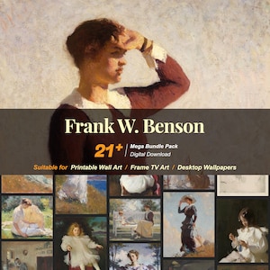 May include: A digital download pack of 21+ printable wall art, frame TV art, and desktop wallpapers featuring paintings by Frank W. Benson. The paintings depict women in various poses and settings, often outdoors.