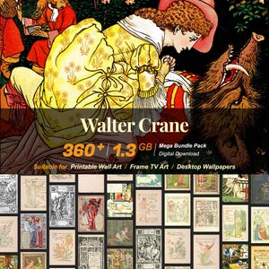 以下が含まれることがあります： ウォルター・クレーンによる360点以上のイラストを収録したデジタルダウンロードパック。壁画、額装、デスクトップ壁紙として印刷するのに適しています。イラストはヴィンテージスタイルで、子供、動物、自然など、さまざまなモチーフが描かれています。