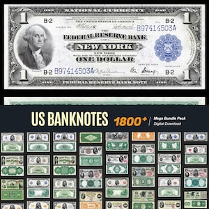 May include: A digital collection of over 1800 historical United States banknotes, featuring a prominent 1914 one-dollar Federal Reserve Bank note with George Washington's portrait, blue seal, and intricate black and white engraving details.