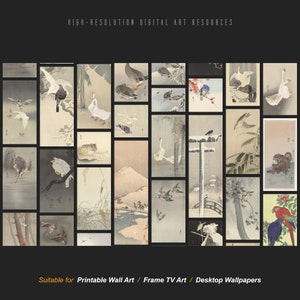 May include: A collection of 25 digital art prints featuring various Japanese-inspired designs. The prints showcase a variety of subjects, including birds, animals, landscapes, and traditional Japanese motifs. The prints are in a muted color palette, with shades of gray, white, and brown.