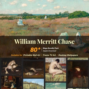May include: A digital download of 80+ paintings by William Merritt Chase. The paintings are suitable for printing as wall art, framing for TV art, or using as desktop wallpapers.