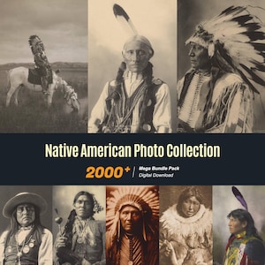 May include: A selection of sepia-toned photographs depicting Native American portraits and scenes. The images show individuals in traditional dress, including headdresses and ceremonial clothing. Text reads "Native American Photo Collection" and "2000+".