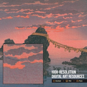 May include: A digital art print depicting a Japanese landscape with a bridge and a torii gate on a rocky island. The sky is filled with pink and orange clouds, and the water reflects the colors of the sunset. The image includes the text "HIGH-RESOLUTION DIGITAL ART RESOURCES".