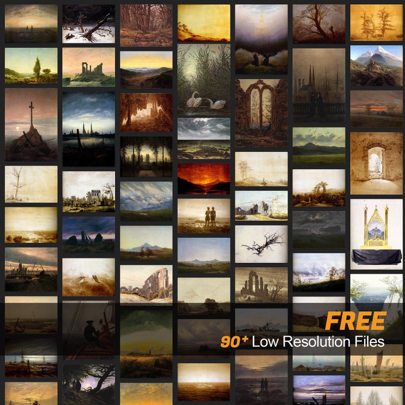 May include: A collage of 90+ low-resolution landscape paintings in various styles and colors. The paintings depict scenes of nature, architecture, and people. The text "FREE 90+ Low Resolution Files" is displayed at the bottom of the collage.