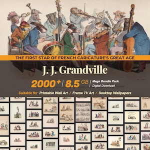 May include: A collection of over 2,000 digital illustrations by J.J. Grandville, the first star of French caricature's great age. The illustrations are suitable for printable wall art, frame TV art, and desktop wallpapers. The illustrations are in a digital download format and are 8.5 GB in size.