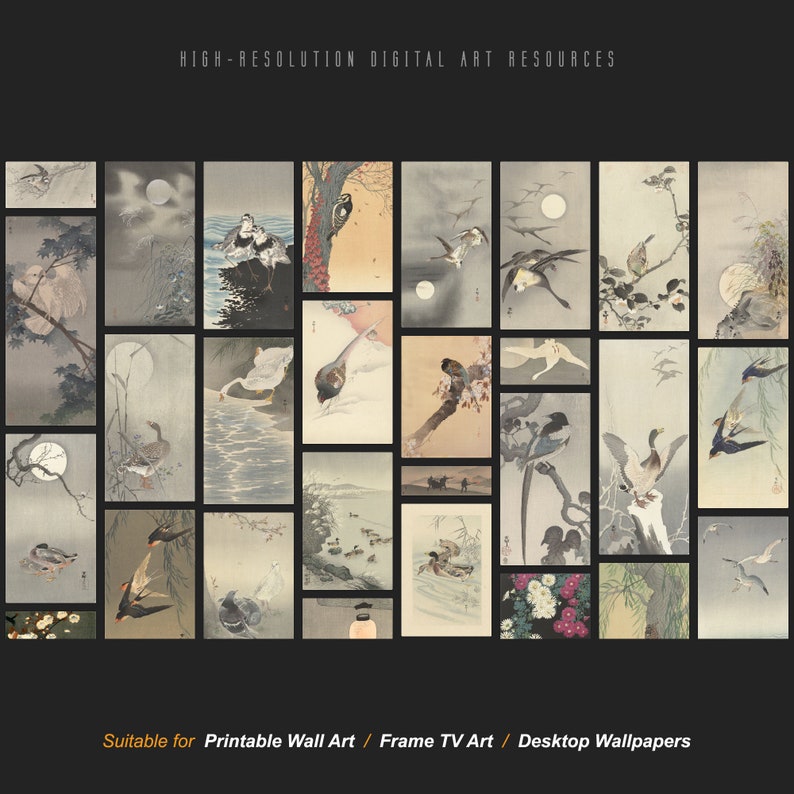 May include: A collection of 36 digital art prints featuring Japanese-inspired illustrations of birds, flowers, and landscapes. The prints are in a muted color palette with shades of gray, brown, and white.