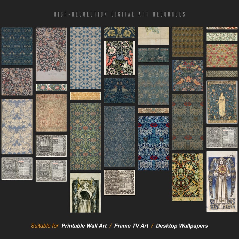 May include: A collection of 20 high-resolution digital art resources featuring intricate patterns and designs. The images are suitable for use as printable wall art, frame TV art, or desktop wallpapers.