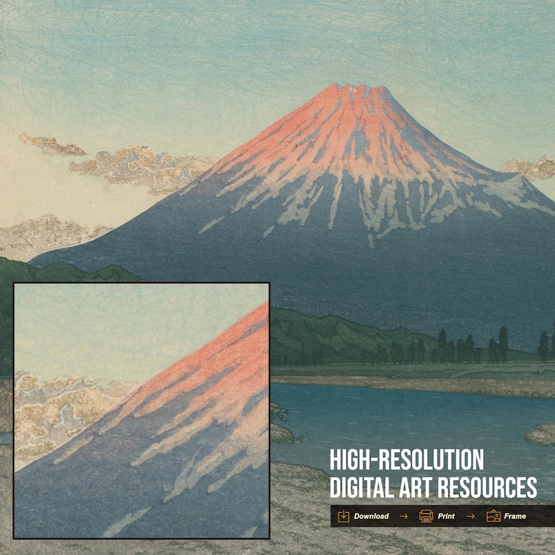 May include: A digital art print of Mount Fuji, with a red-hued peak and a blue-grey mountain body. The artwork features a lake and green hills in the background, with the text "HIGH-RESOLUTION DIGITAL ART RESOURCES".