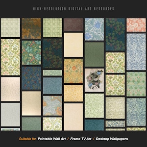May include: A collection of 25 high-resolution digital art resources featuring vintage floral patterns in various colors, including green, blue, yellow, and red. These digital images are suitable for printable wall art, frame TV art, and desktop wallpapers.