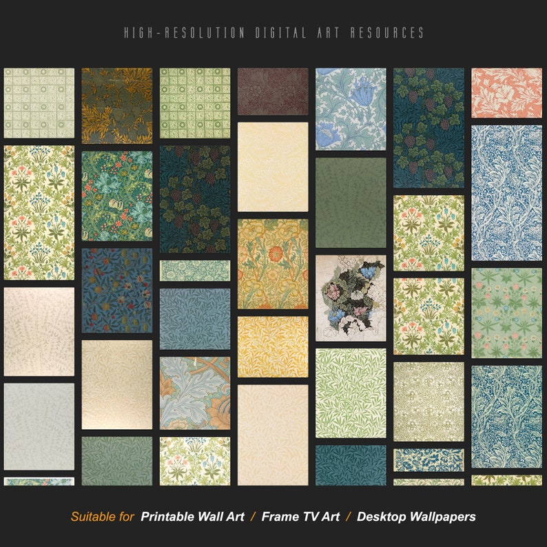 May include: A collection of 25 high-resolution digital art resources featuring vintage floral patterns in various colors, including green, blue, yellow, and red. These digital images are suitable for printable wall art, frame TV art, and desktop wallpapers.