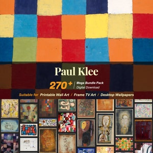 Op de afbeelding: Een digitale download van meer dan 270+ schilderijen van Paul Klee. De afbeeldingen zijn geschikt om te printen als wandkunst, in te lijsten of te gebruiken als bureaubladachtergronden. De afbeelding toont een collage van verschillende schilderijen van Paul Klee.