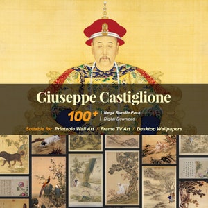 Könnte beinhalten: Ein digitaler Download von über 100 druckbaren Wandbildern mit traditionellen chinesischen Malereien. Die Bilder eignen sich zum Einrahmen, zur Dekoration eines TV-Bereichs oder zur Verwendung als Desktop-Hintergrundbilder. Die Kunstwerke zeigen eine Vielzahl von Motiven, darunter Landschaften, Tiere und Figuren. Der Text "Giuseppe Castiglione 100+ Mega Bundle Pack Digital Download" wird oben im Bild angezeigt.