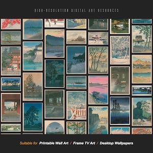 May include: A collection of Japanese-style landscape art prints. The prints feature scenes of nature, architecture, and people. The color palette includes blues, greens, and pinks. Text at the top reads "HIGH-RESOLUTION DIGITAL ART RESOURCES". Text at the bottom reads "Suitable for Printable Wall Art / Frame TV Art / Desktop Wallpapers".