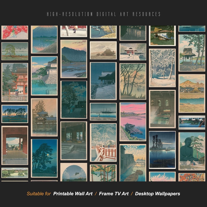 May include: A collection of Japanese-style landscape art prints. The prints feature scenes of nature, architecture, and people. The color palette includes blues, greens, and pinks. Text at the top reads "HIGH-RESOLUTION DIGITAL ART RESOURCES". Text at the bottom reads "Suitable for Printable Wall Art / Frame TV Art / Desktop Wallpapers".