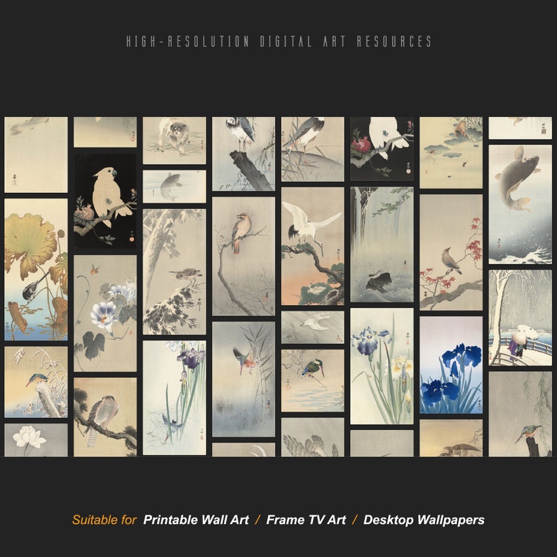 May include: A collection of 36 digital art prints featuring Japanese-inspired illustrations of birds, flowers, and landscapes. The prints are suitable for use as printable wall art, frame TV art, or desktop wallpapers.