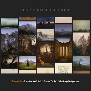 May include: A collection of 16 digital art images featuring landscapes, ruins, and forests. The images are suitable for use as printable wall art, frame TV art, or desktop wallpapers.