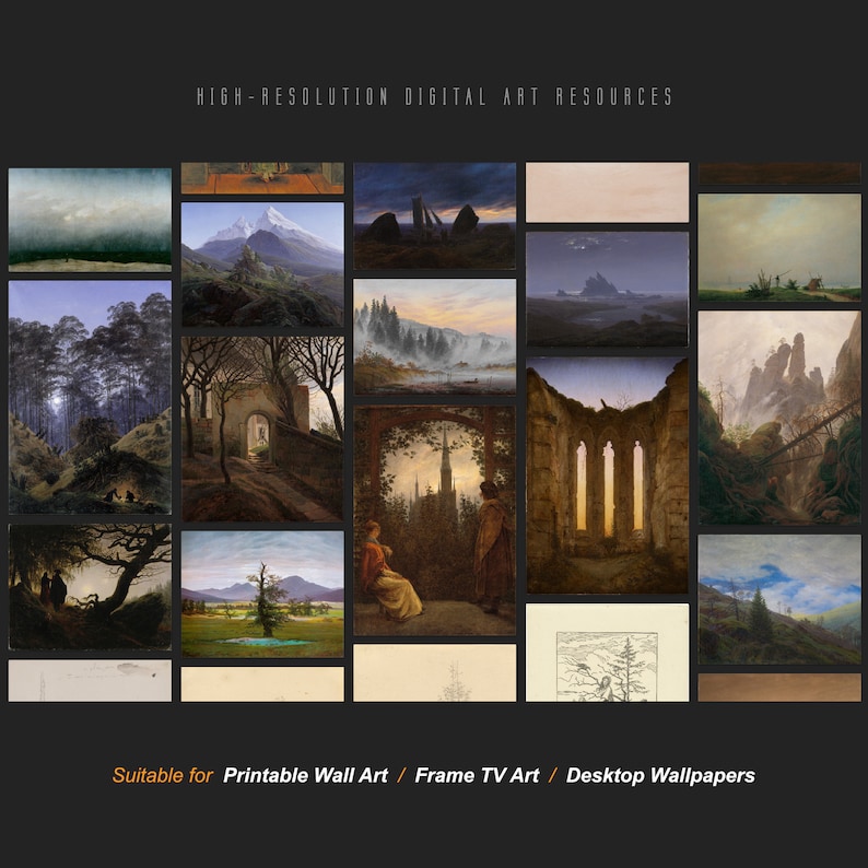 May include: A collection of 16 digital art images featuring landscapes, ruins, and forests. The images are suitable for use as printable wall art, frame TV art, or desktop wallpapers.