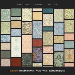 May include: A collection of 25 high-resolution digital art resources featuring intricate floral and botanical patterns in various colors, including green, blue, yellow, red, and white. These patterns are suitable for printable wall art, frame TV art, and desktop wallpapers.