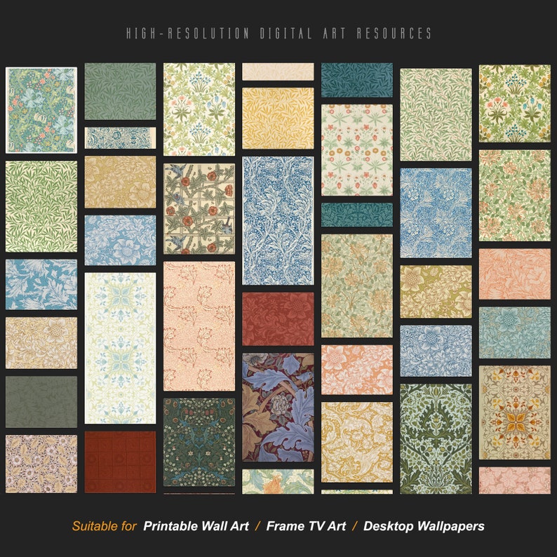May include: A collection of 25 high-resolution digital art resources featuring intricate floral and botanical patterns in various colors, including green, blue, yellow, red, and white. These patterns are suitable for printable wall art, frame TV art, and desktop wallpapers.