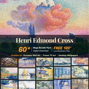 Może przedstawiać: Cyfrowy pobieranie ponad 60+ obrazów w wysokiej rozdzielczości i 120+ obrazów w niskiej rozdzielczości obrazów Henri Edmond Cross. Obrazy nadają się do drukowania jako sztuka ścienna, oprawiania do sztuki telewizyjnej lub używania jako tapety na pulpit.