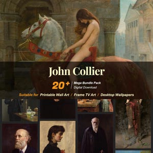 Pode incluir: Um pacote de download digital com mais de 20 pinturas de John Collier. O pacote inclui uma variedade de temas, incluindo retratos, paisagens e cenas históricas. As pinturas são adequadas para impressão como arte de parede, enquadramento ou uso como papéis de parede da área de trabalho.