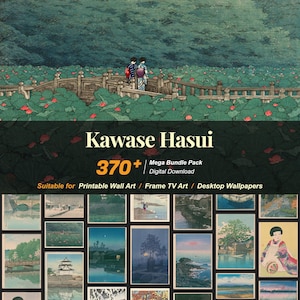 May include: Digital download art bundle featuring the work of Kawase Hasui. The image shows a bridge over a pond with two figures in traditional Japanese clothing. The bundle includes over 370 pieces of art suitable for wall art and desktop wallpapers.