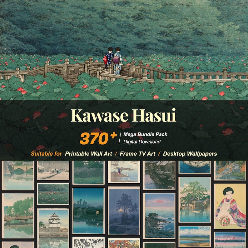 May include: Digital download art bundle featuring the work of Kawase Hasui. The image shows a bridge over a pond with two figures in traditional Japanese clothing. The bundle includes over 370 pieces of art suitable for wall art and desktop wallpapers.