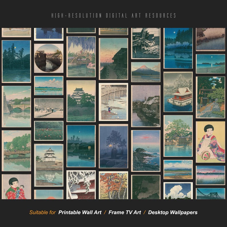 May include: A collection of vintage Japanese art prints, featuring landscapes, architecture, and figures. The prints are in various sizes and colors, with text at the top reading "HIGH-RESOLUTION DIGITAL ART RESOURCES" and at the bottom "Suitable for Printable Wall Art / Frame TV Art / Desktop Wallpapers."