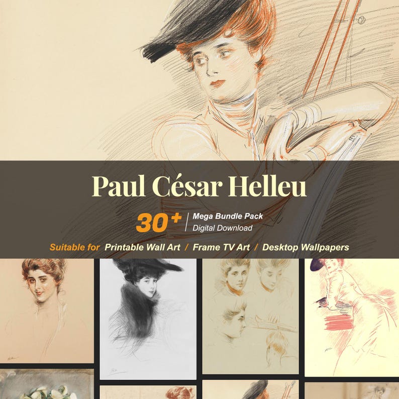 May include: A collection of 30+ digital art prints featuring the work of Paul C&eacute;sar Helleu. The prints are suitable for use as printable wall art, frame TV art, or desktop wallpapers.