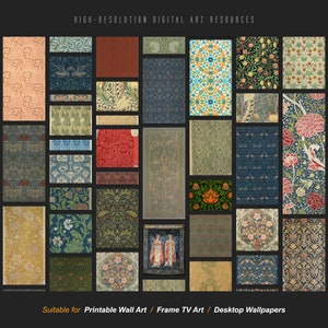 May include: A collection of 25 high-resolution digital art resources featuring intricate floral patterns in various colors, including blue, green, red, and yellow. These digital images are suitable for printable wall art, frame TV art, and desktop wallpapers.