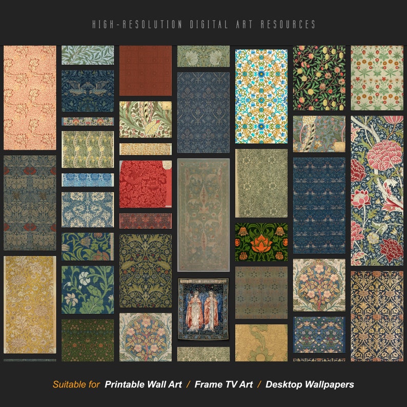 May include: A collection of 25 high-resolution digital art resources featuring intricate floral patterns in various colors, including blue, green, red, and yellow. These digital images are suitable for printable wall art, frame TV art, and desktop wallpapers.