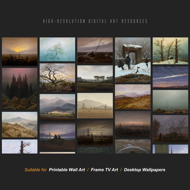 May include: A collection of 25 digital art prints featuring landscapes, seascapes, and cityscapes in various styles. The prints are suitable for use as printable wall art, frame TV art, or desktop wallpapers.