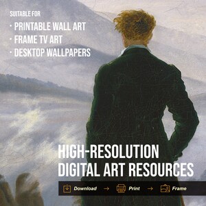 May include: A digital art print of a man in a dark suit standing on a mountaintop with fog in the background. The text "HIGH-RESOLUTION DIGITAL ART RESOURCES" is at the bottom of the image. The text "Download, Print, Frame" is below the text.