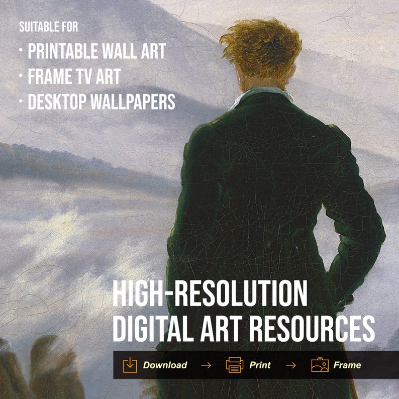 May include: A digital art print of a man in a dark suit standing on a mountaintop with fog in the background. The text "HIGH-RESOLUTION DIGITAL ART RESOURCES" is at the bottom of the image. The text "Download, Print, Frame" is below the text.