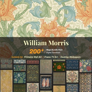 May include: A digital download pack of over 200 William Morris patterns, suitable for printable wall art, frame TV art, and desktop wallpapers. The image shows a collage of various patterns featuring floral designs, intricate details, and vibrant colors.