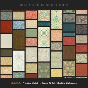 May include: A collection of 36 high-resolution digital art resources featuring intricate patterns and designs. The patterns are a mix of floral, geometric, and abstract designs in various colors, including green, blue, red, and yellow.  Suitable for printable wall art, frame TV art, and desktop wallpapers.