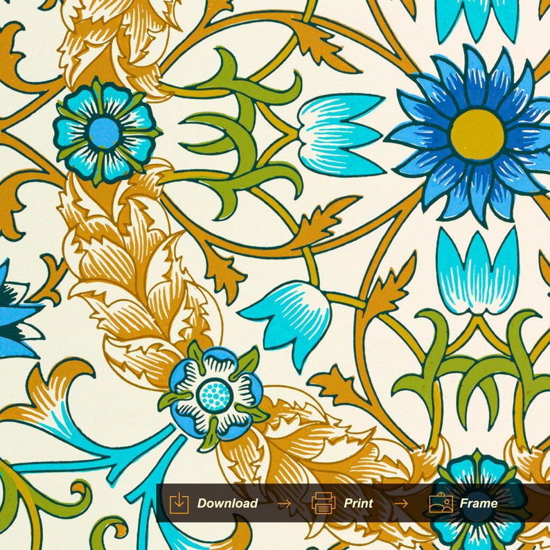 May include: A vintage floral pattern with blue, green, and gold colors. The pattern features stylized flowers and leaves on a white background.