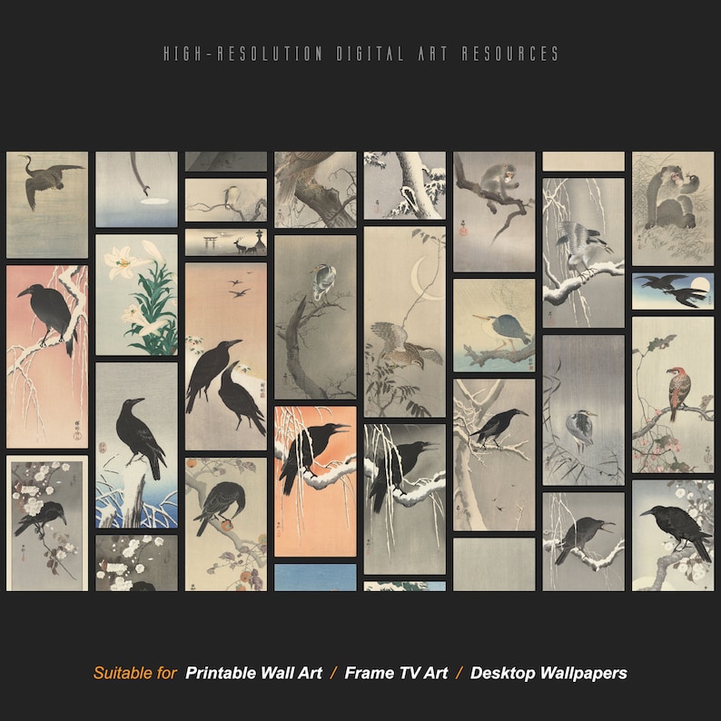 May include: A digital collage of 25 Japanese woodblock prints featuring black crows, birds, and other nature scenes. The prints are arranged in a grid pattern and have a vintage aesthetic.