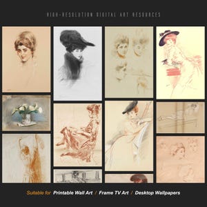 May include: A collection of 12 digital art images featuring pencil sketches of women in various poses and settings. The images are suitable for printing as wall art, framing, or using as desktop wallpapers.