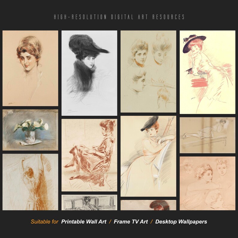 May include: A collection of 12 digital art images featuring pencil sketches of women in various poses and settings. The images are suitable for printing as wall art, framing, or using as desktop wallpapers.