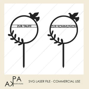 May include: Two black laser cut cake toppers with a dove and a wreath. The text on the toppers reads "Zur Taufe" and "Zur Kommunion".