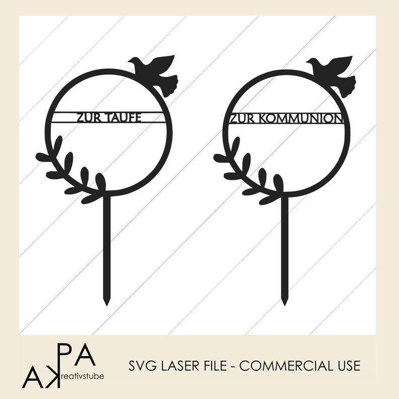 May include: Two black laser cut cake toppers with a dove and a wreath. The text on the toppers reads "Zur Taufe" and "Zur Kommunion".
