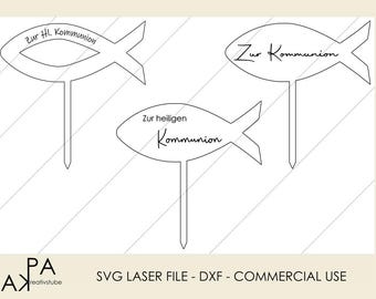 May include: Three black and white outline designs of fish with text that says "Zur Hl. Kommunion", "Zur heiligen Kommunion", and "Zur Kommunion".