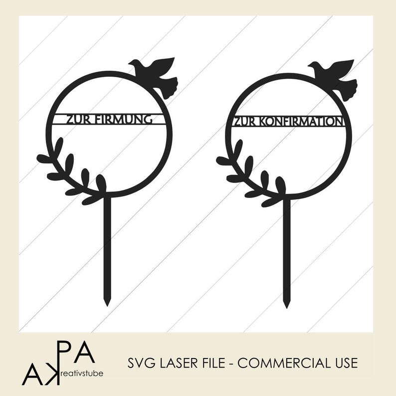 May include: Two black laser cut cake toppers with a dove and a wreath. The text on the toppers reads "Zur Firmung" and "Zur Konfirmation".