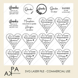 May include: A collection of laser-cut SVG files with various designs and text. The designs include heart shapes with German text, the word "Danke" in different fonts, and other phrases. The bottom right corner reads "SVG LASER FILE - COMMERCIAL USE".